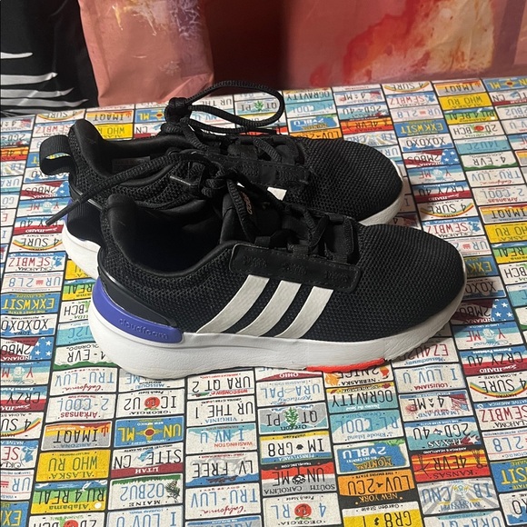 Adidas Kids Black and White Sneakers with Purple Accent - Picture 1 of 8